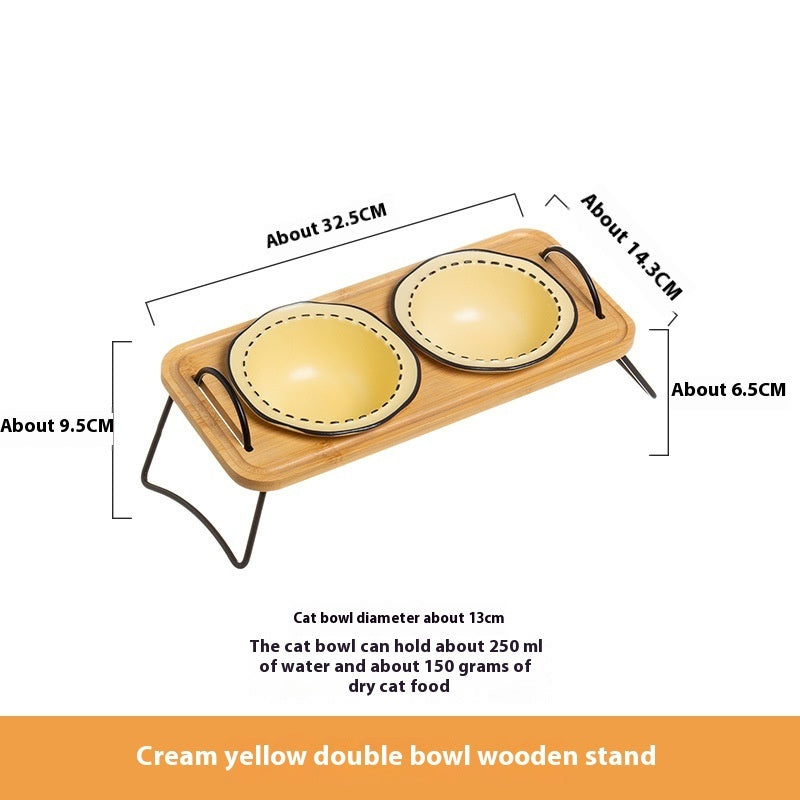 Pet Wooden Raised Ceramic Feeding Bowl Easy Clean