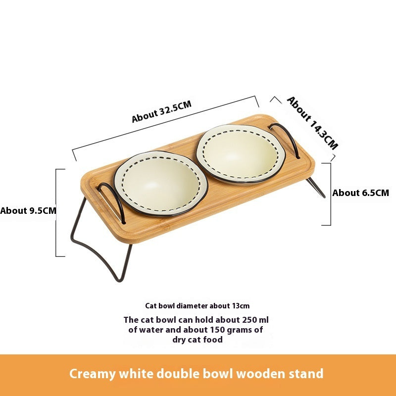 Pet Wooden Raised Ceramic Feeding Bowl Easy Clean