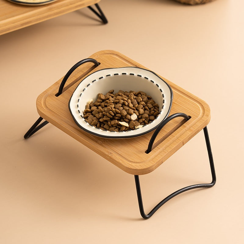 Pet Wooden Raised Ceramic Feeding Bowl Easy Clean
