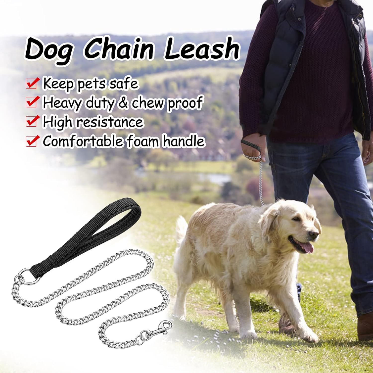 Heavy Duty Metal Pet Leash Chain With Padded Handle