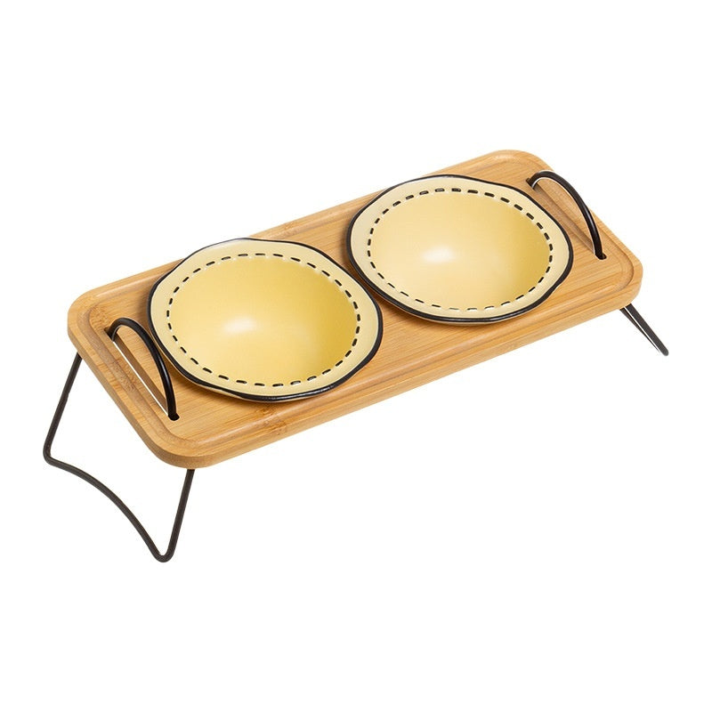 Pet Wooden Raised Ceramic Feeding Bowl Easy Clean